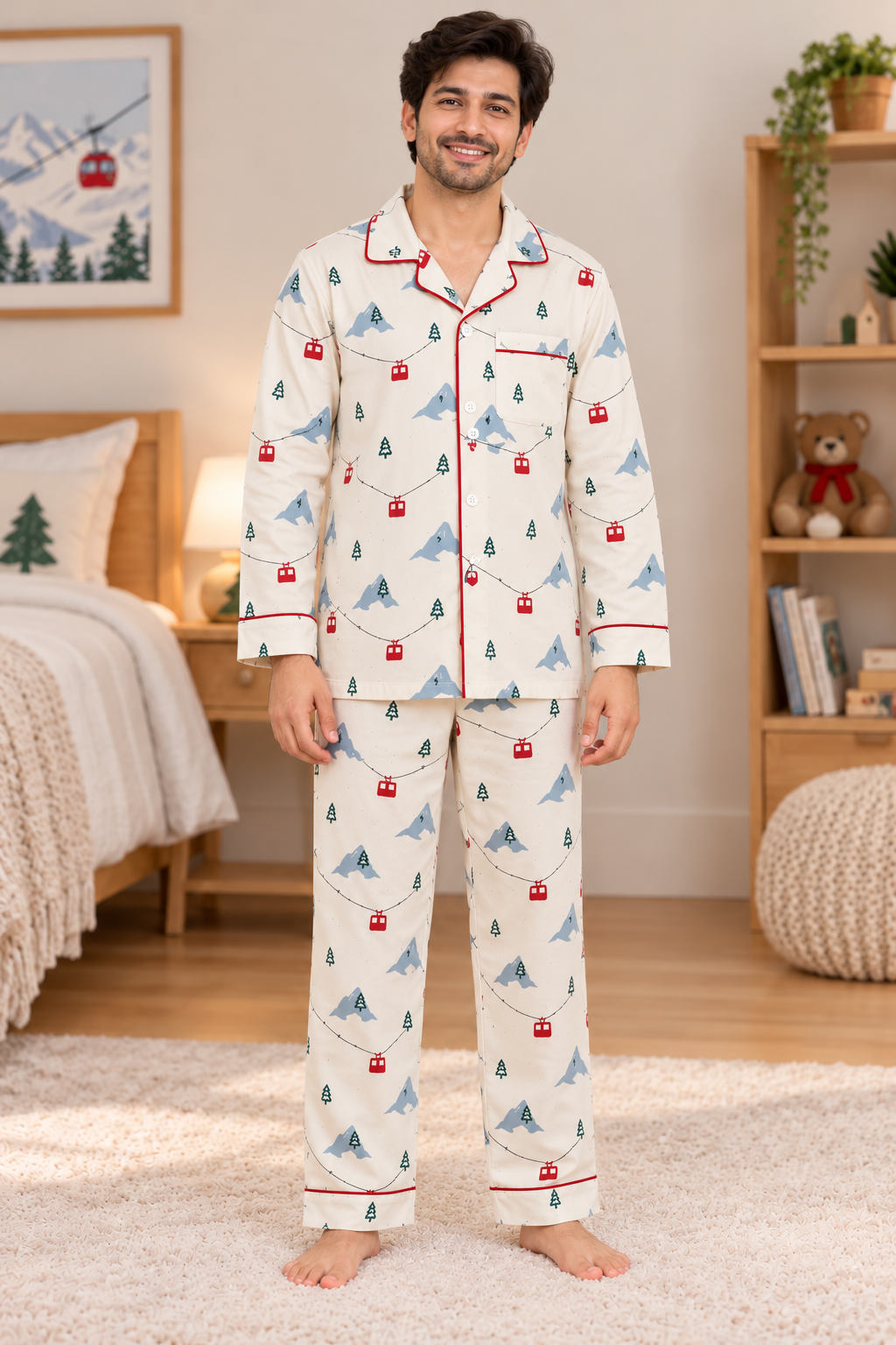 Mountain & Pine Tree Cotton Flannel Long Sleeve Men's Night Suit