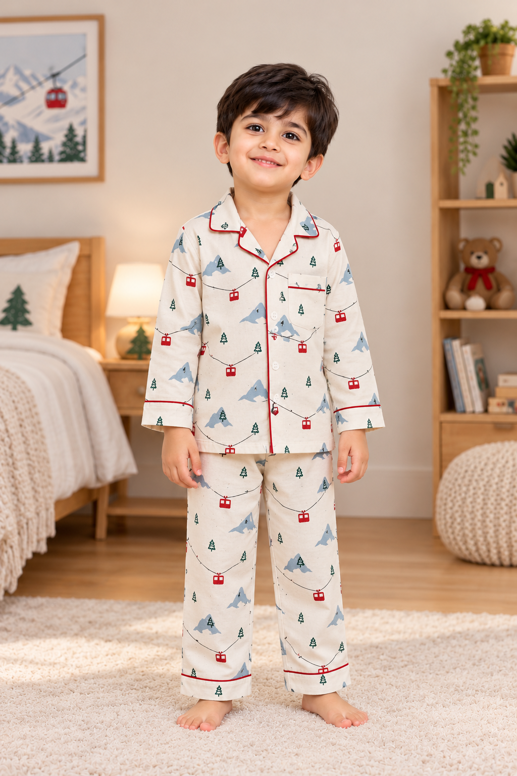Mountain & Pine Tree Cotton Flannel Long Sleeve Kids Night Suit