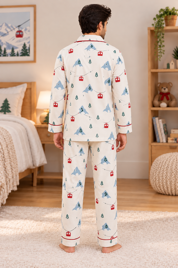 Mountain & Pine Tree Cotton Flannel Long Sleeve Men's Night Suit