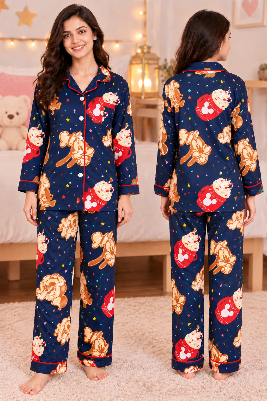 Mickey Magic Navy Blue Cotton Flannel Long Sleeve Women's Night Suit