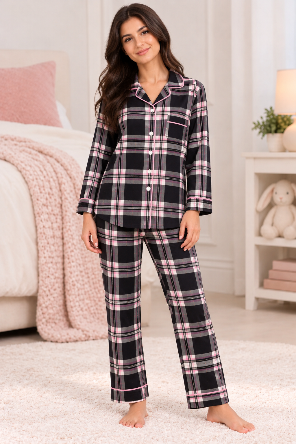 Midnight Pink Plaid Cotton Flannel Long Sleeve Women's Night Suit