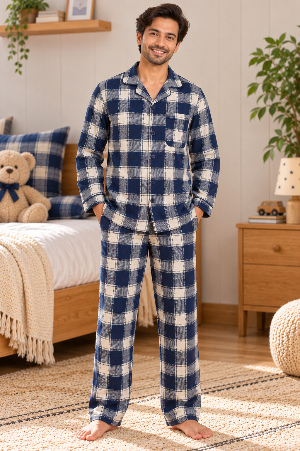 Navy Plaid Cotton Flannel Long Sleeve Men's Night Suit