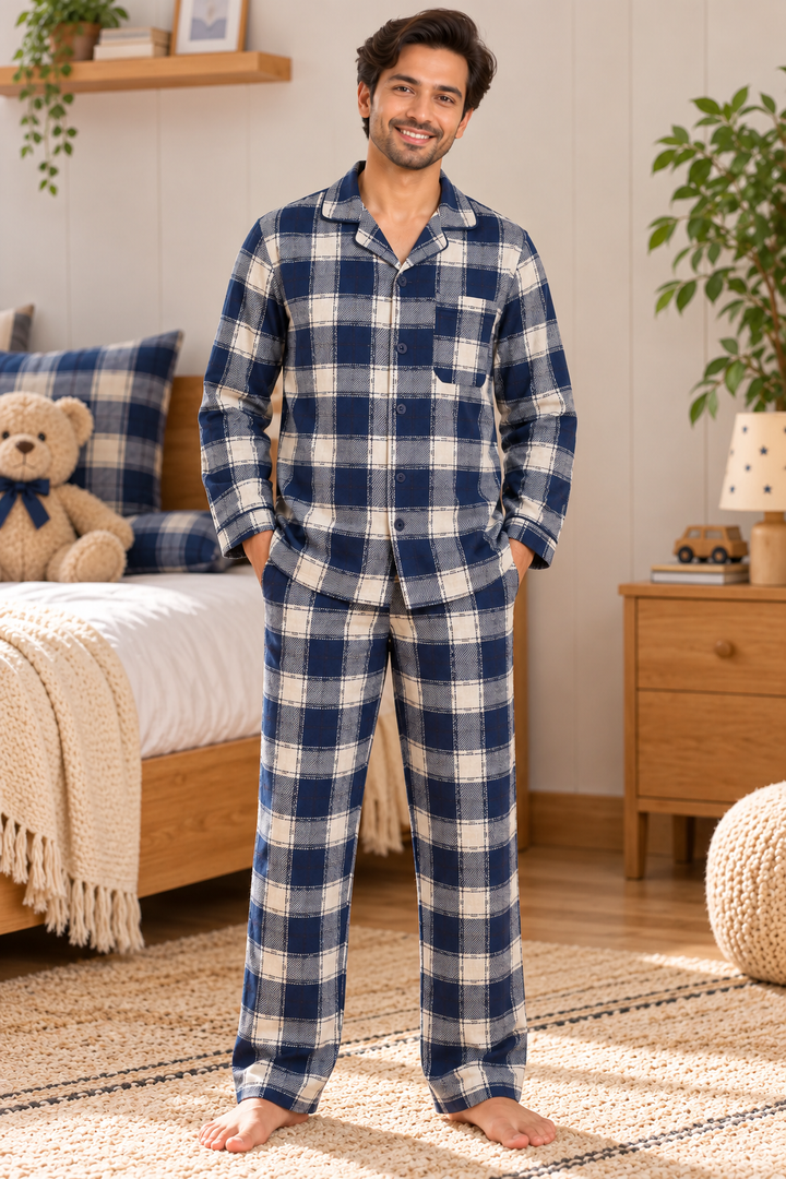 Navy Plaid Cotton Flannel Long Sleeve Men's Night Suit