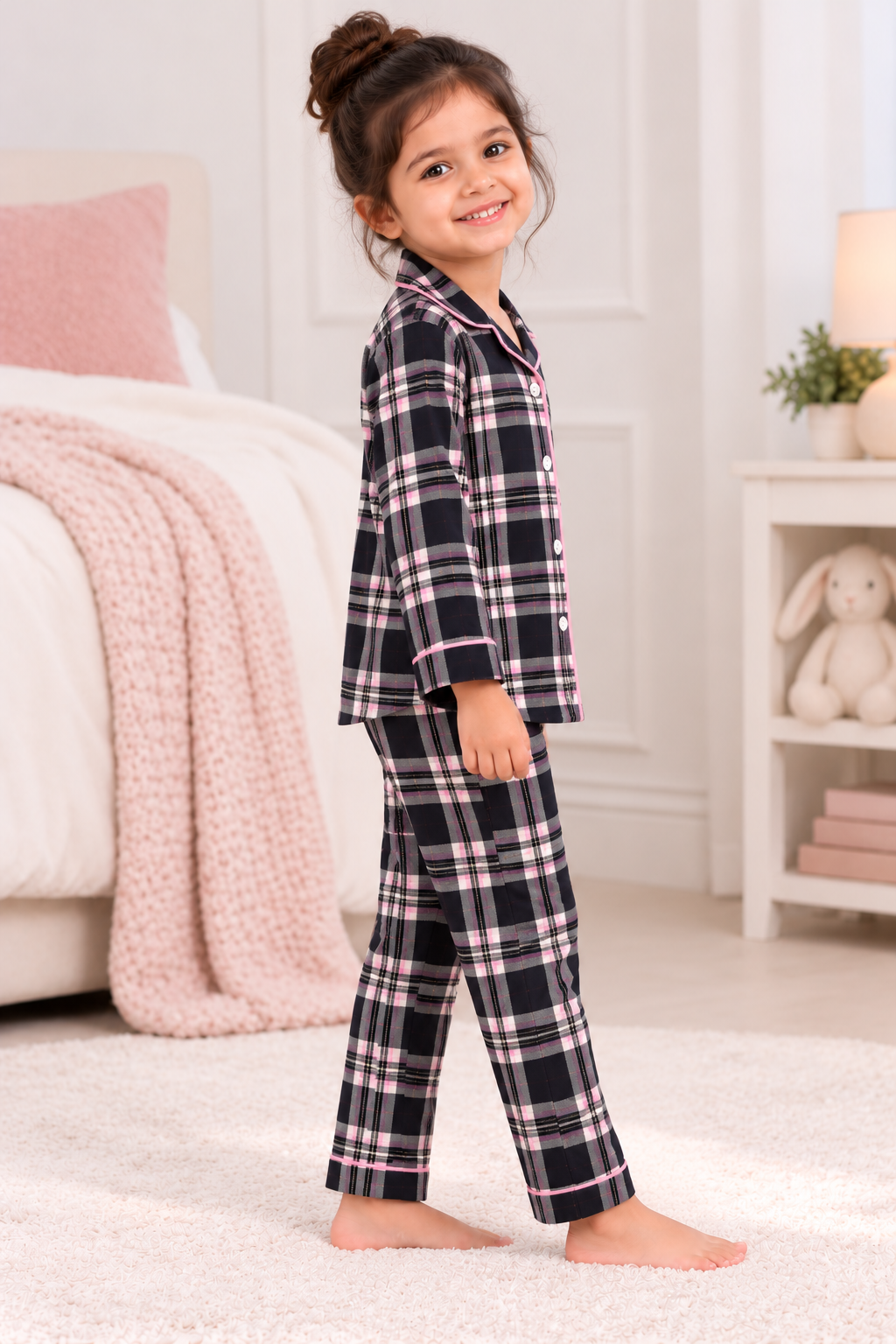 Midnight Pink Plaid Cotton Flannel Long Sleeve Kids Night Suit
