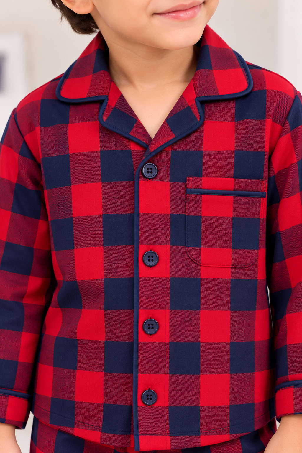 Midnight Navy & Red Checks Cotton Flannel Long Sleeve Kids Night Suit
