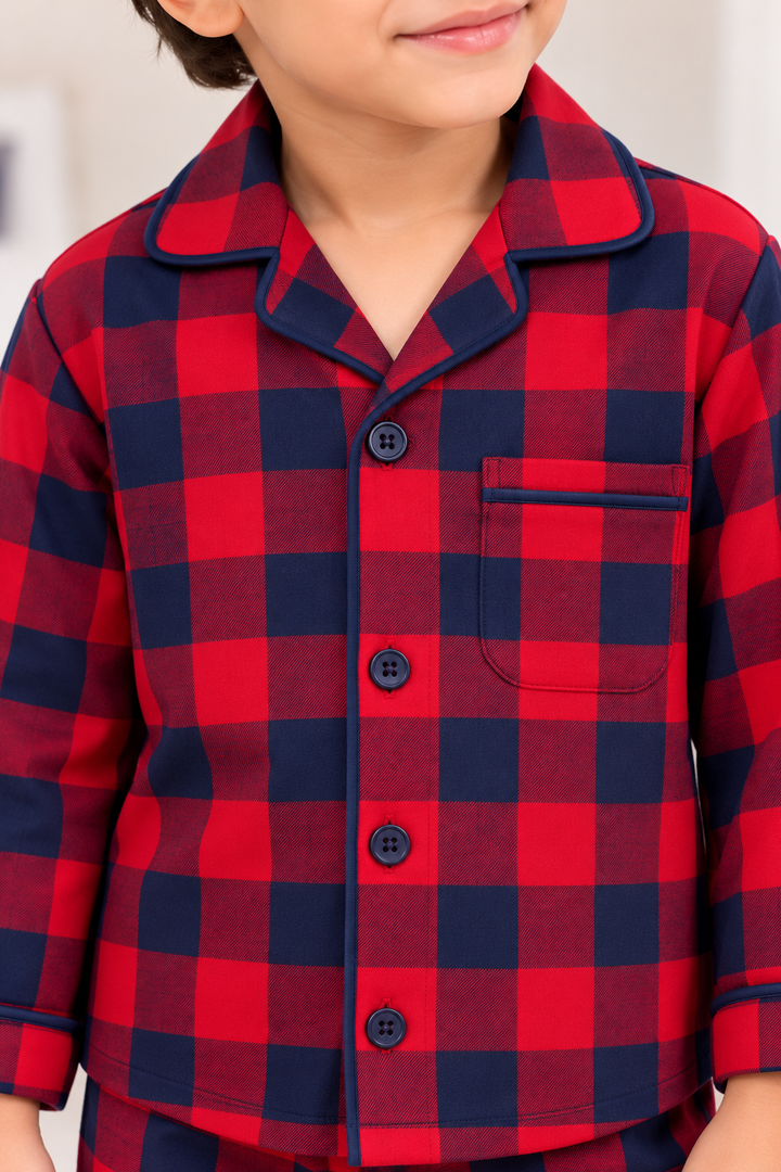Midnight Navy & Red Checks Cotton Flannel Long Sleeve Kids Night Suit