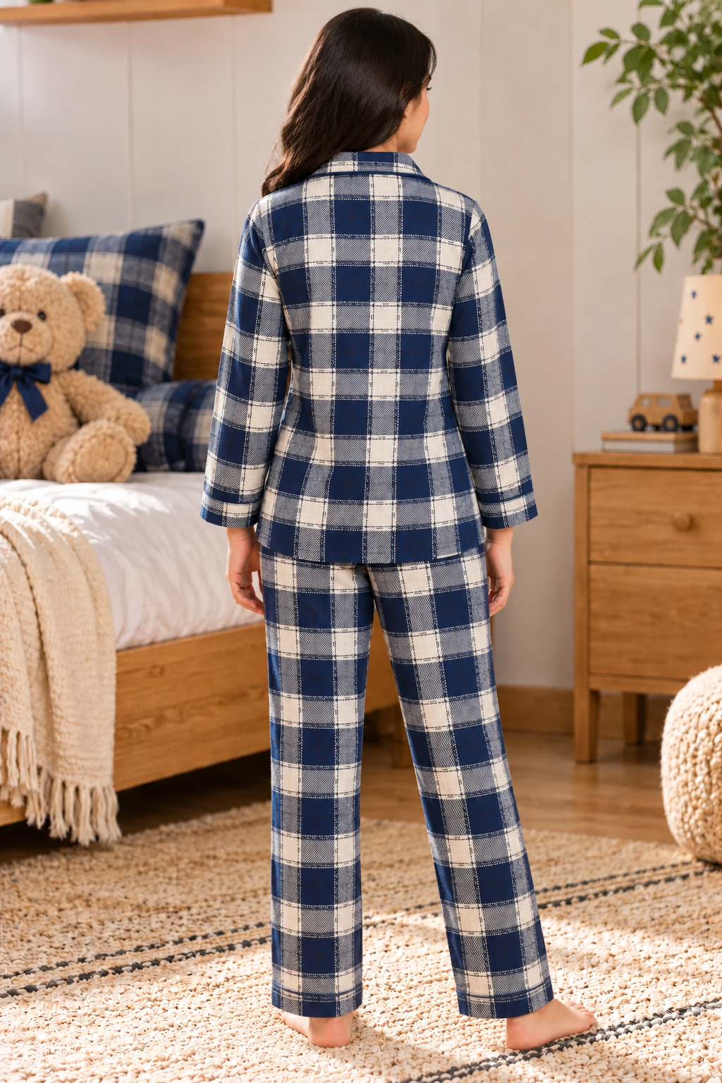 Navy Plaid Cotton Flannel Long Sleeve Women's Night Suit