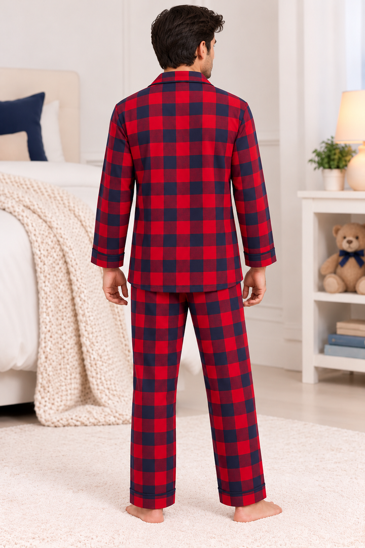 Midnight Navy & Red Checks Cotton Flannel Long Sleeve Men's Night Suit