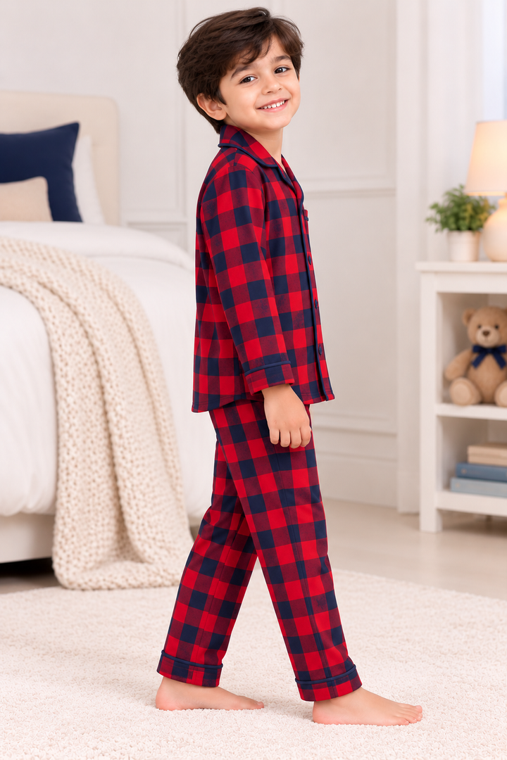 Midnight Navy & Red Checks Cotton Flannel Long Sleeve Kids Night Suit