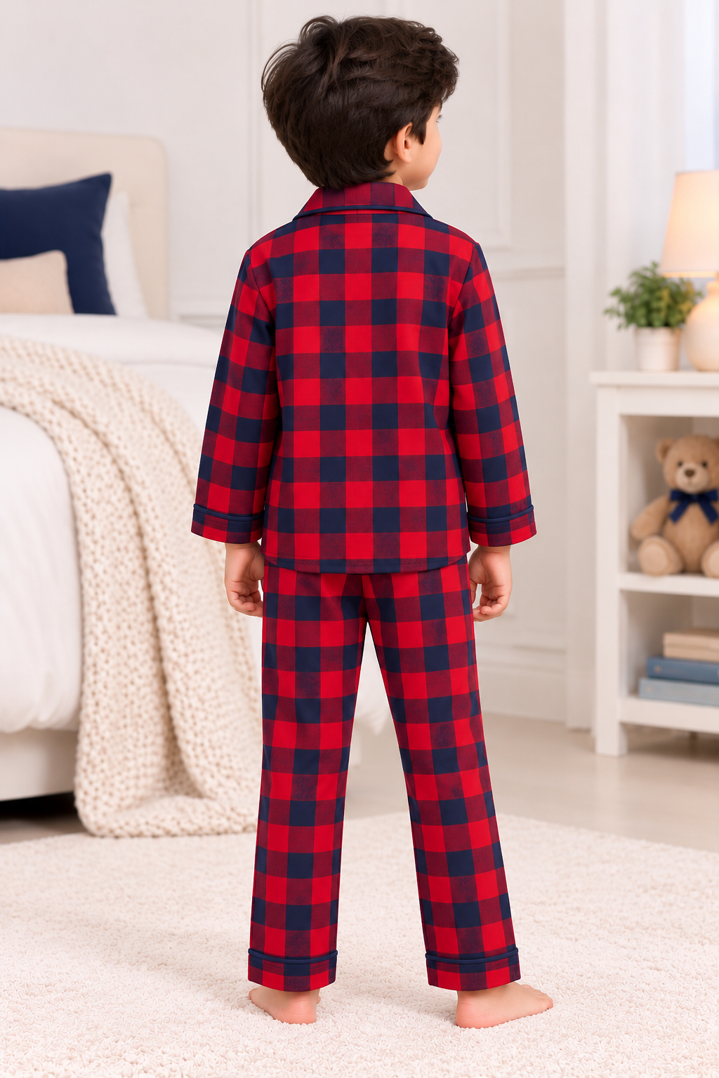 Midnight Navy & Red Checks Cotton Flannel Long Sleeve Kids Night Suit