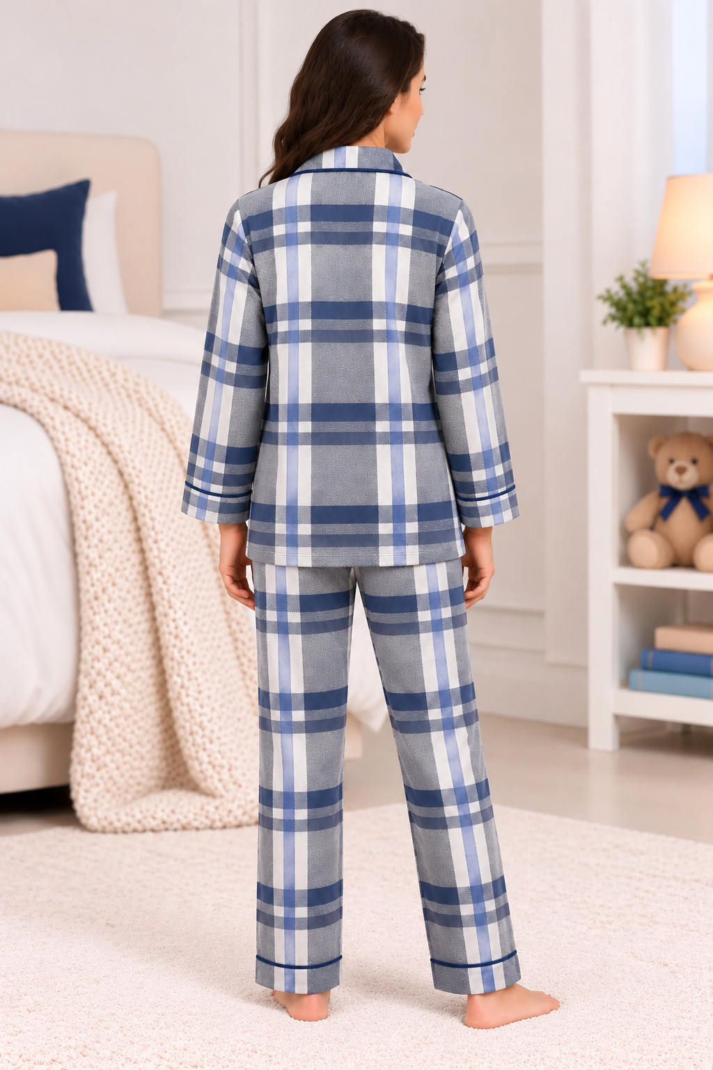 Grey & Navy Classic Plaid Cotton Flannel Long Sleeve Women's Night Suit