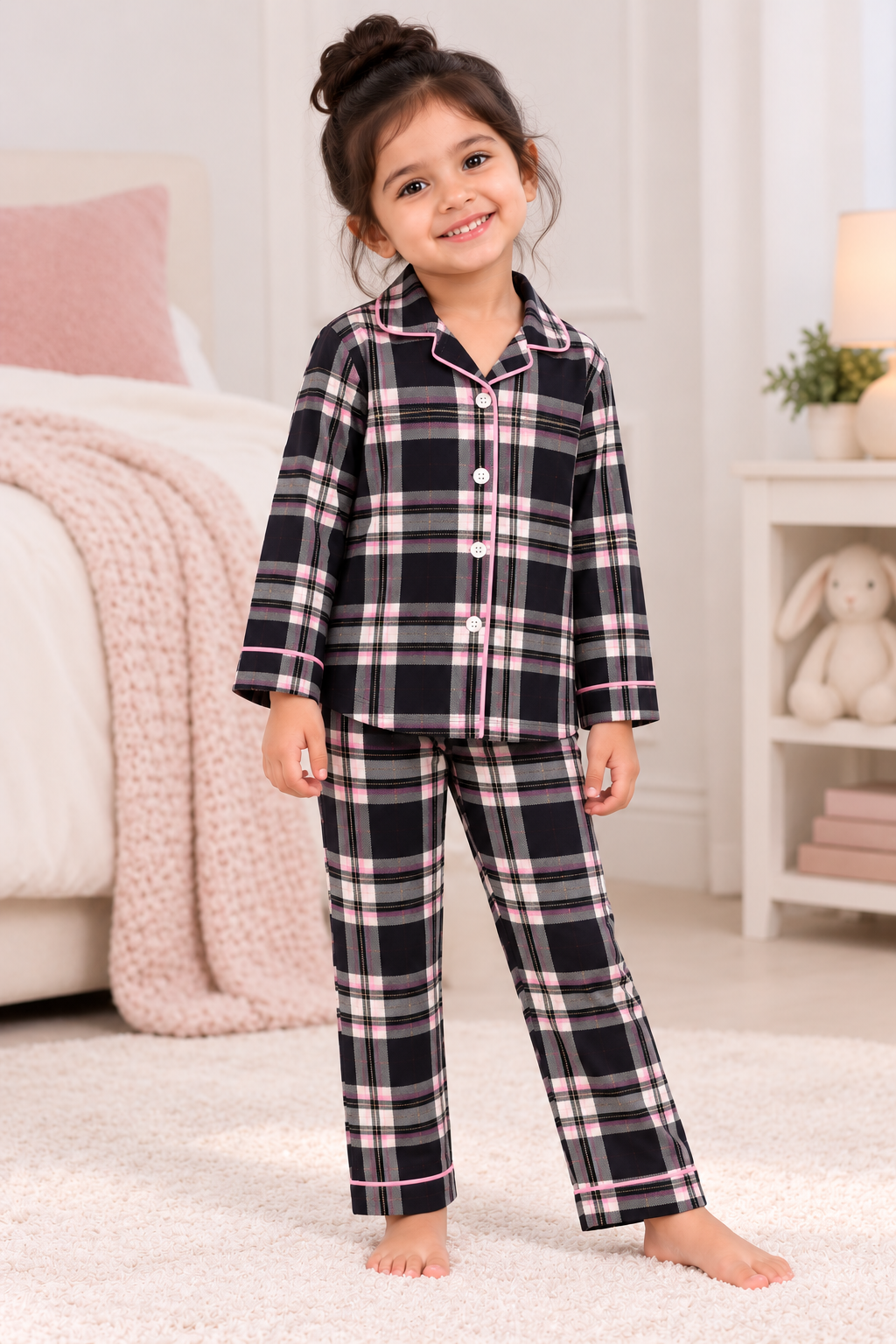 Midnight Pink Plaid Cotton Flannel Long Sleeve Kids Night Suit