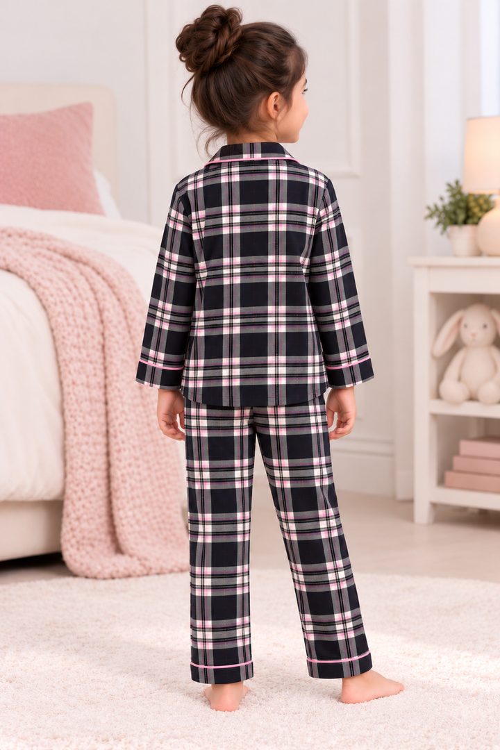 Midnight Pink Plaid Cotton Flannel Long Sleeve Kids Night Suit