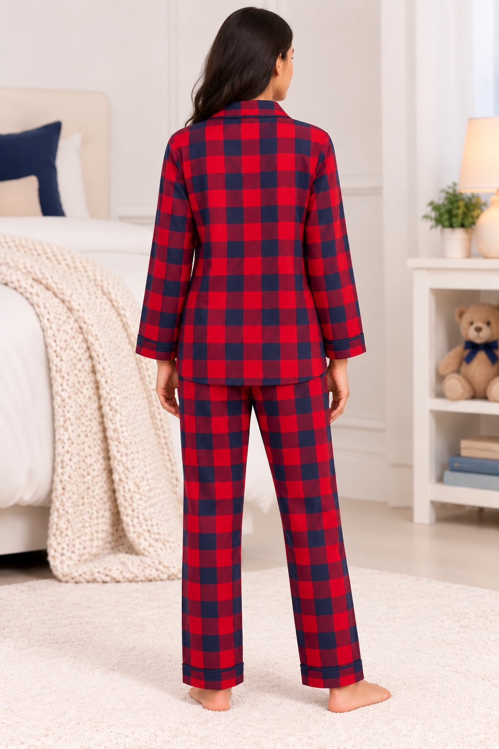 Midnight Navy & Red Checks Cotton Flannel Long Sleeve Women's Night Suit