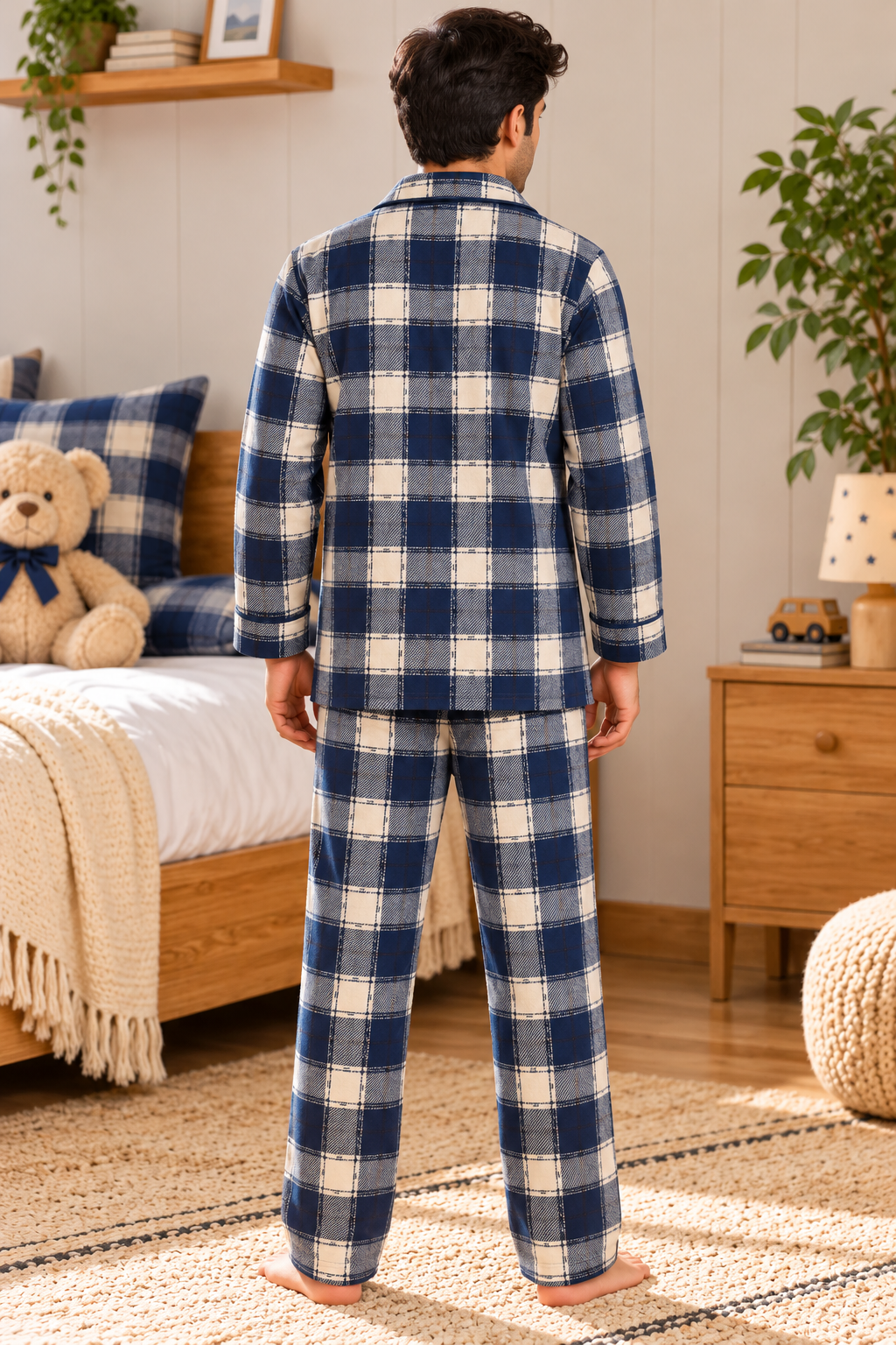 Navy Plaid Cotton Flannel Long Sleeve Men's Night Suit