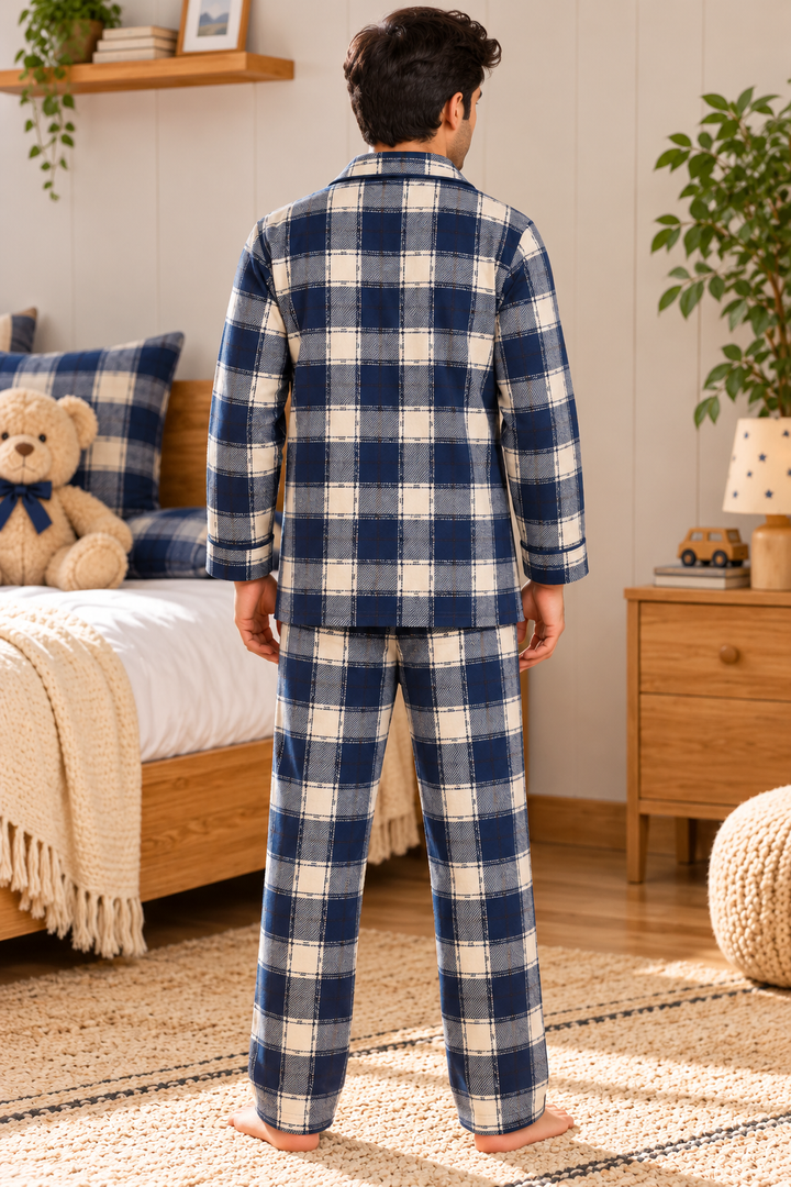 Navy Plaid Cotton Flannel Long Sleeve Men's Night Suit