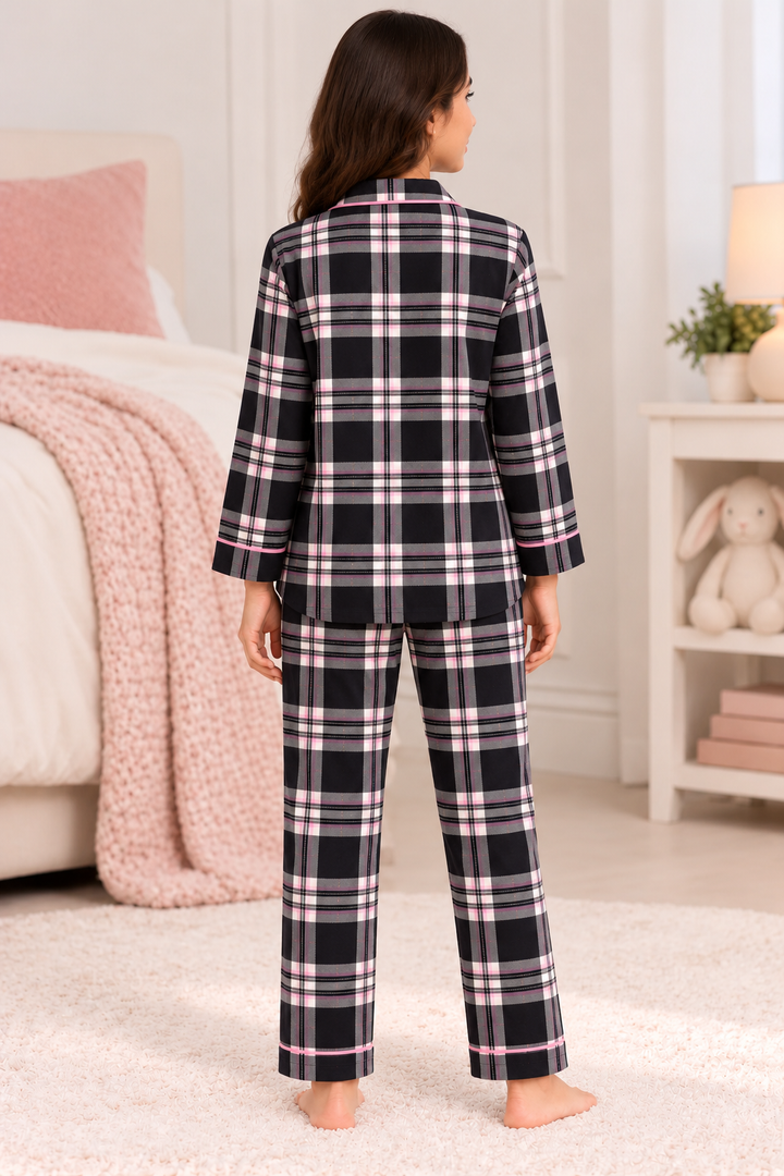 Midnight Pink Plaid Cotton Flannel Long Sleeve Women's Night Suit