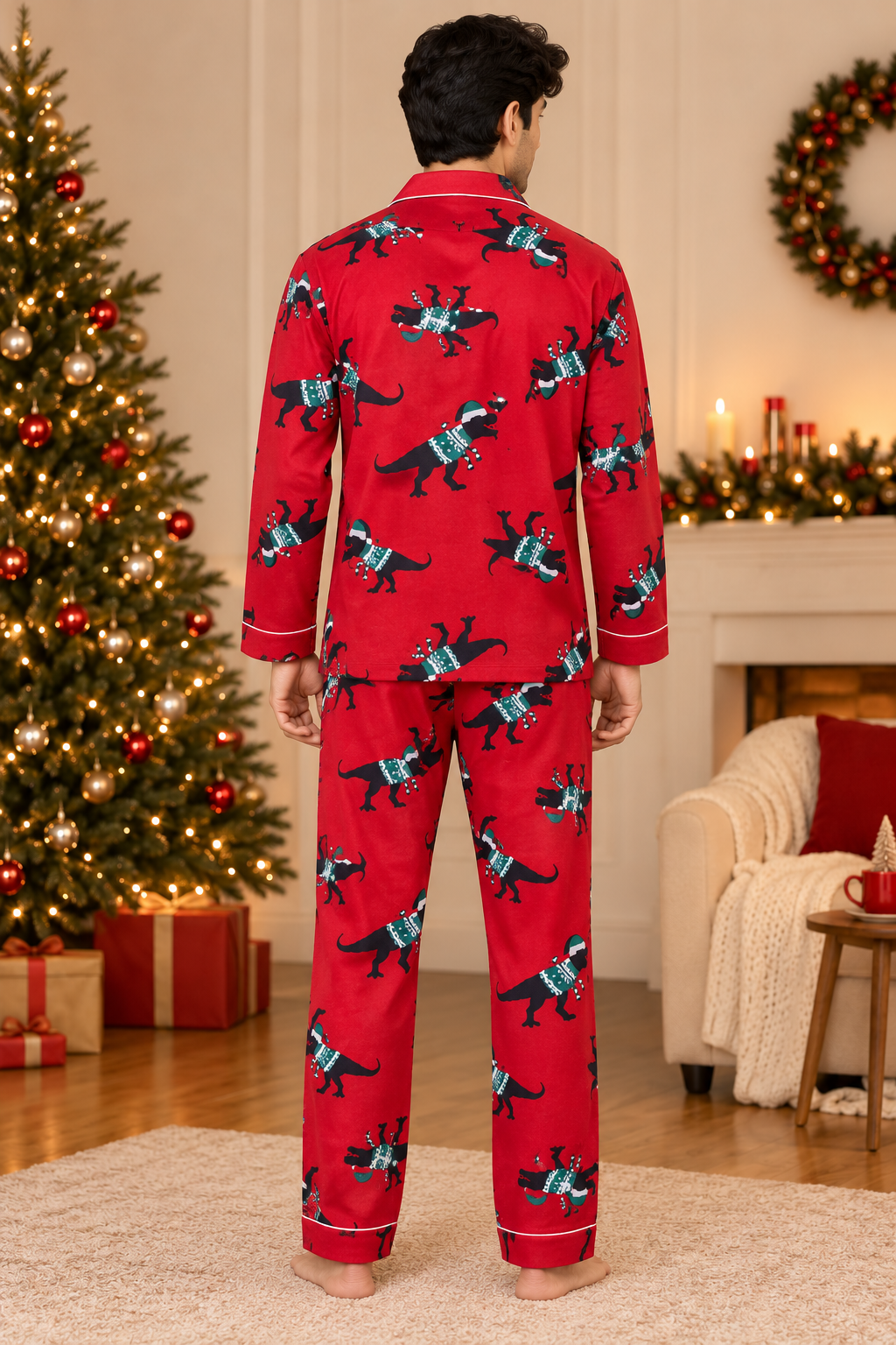 Red Dino Print  Cotton Flannel Long Sleeve Men's Night Suit