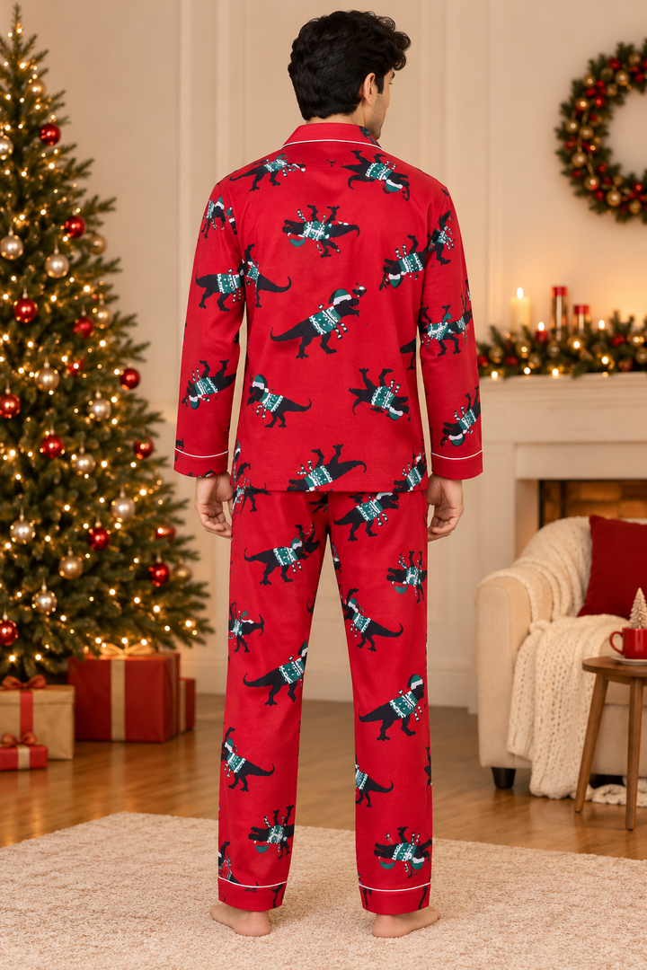 Red Dino Print  Cotton Flannel Long Sleeve Men's Night Suit