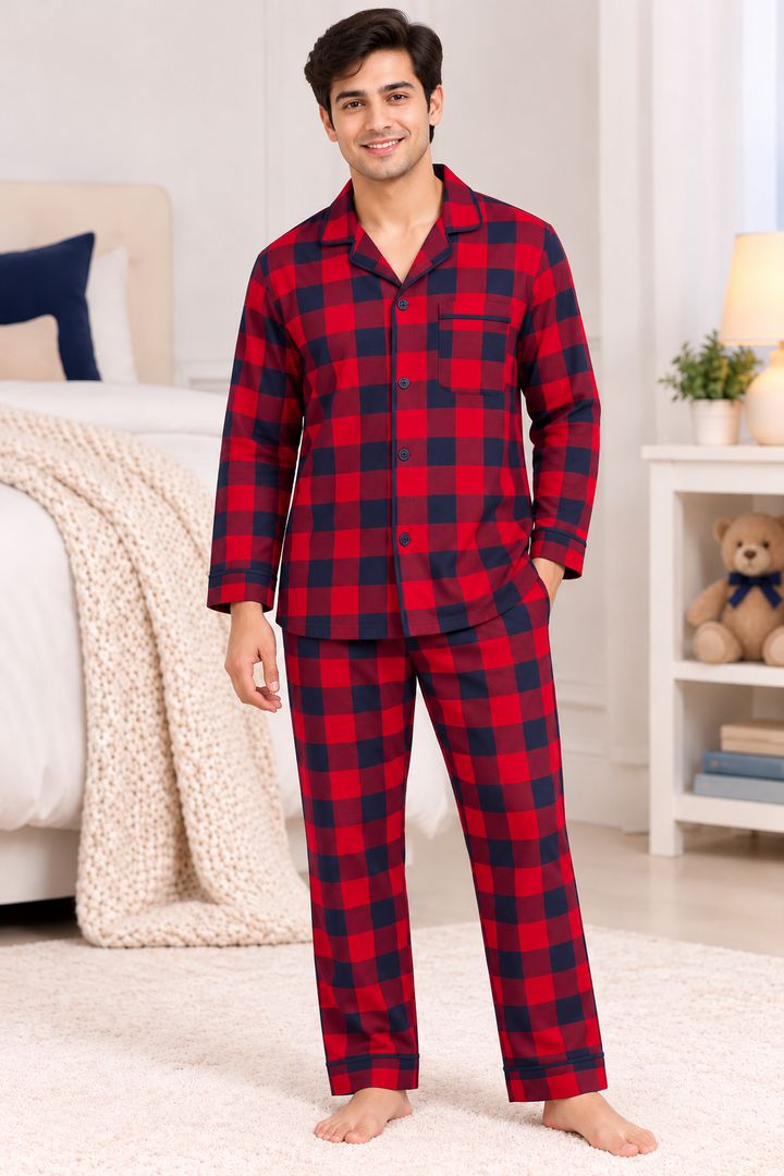 Midnight Navy & Red Checks Cotton Flannel Long Sleeve Men's Night Suit