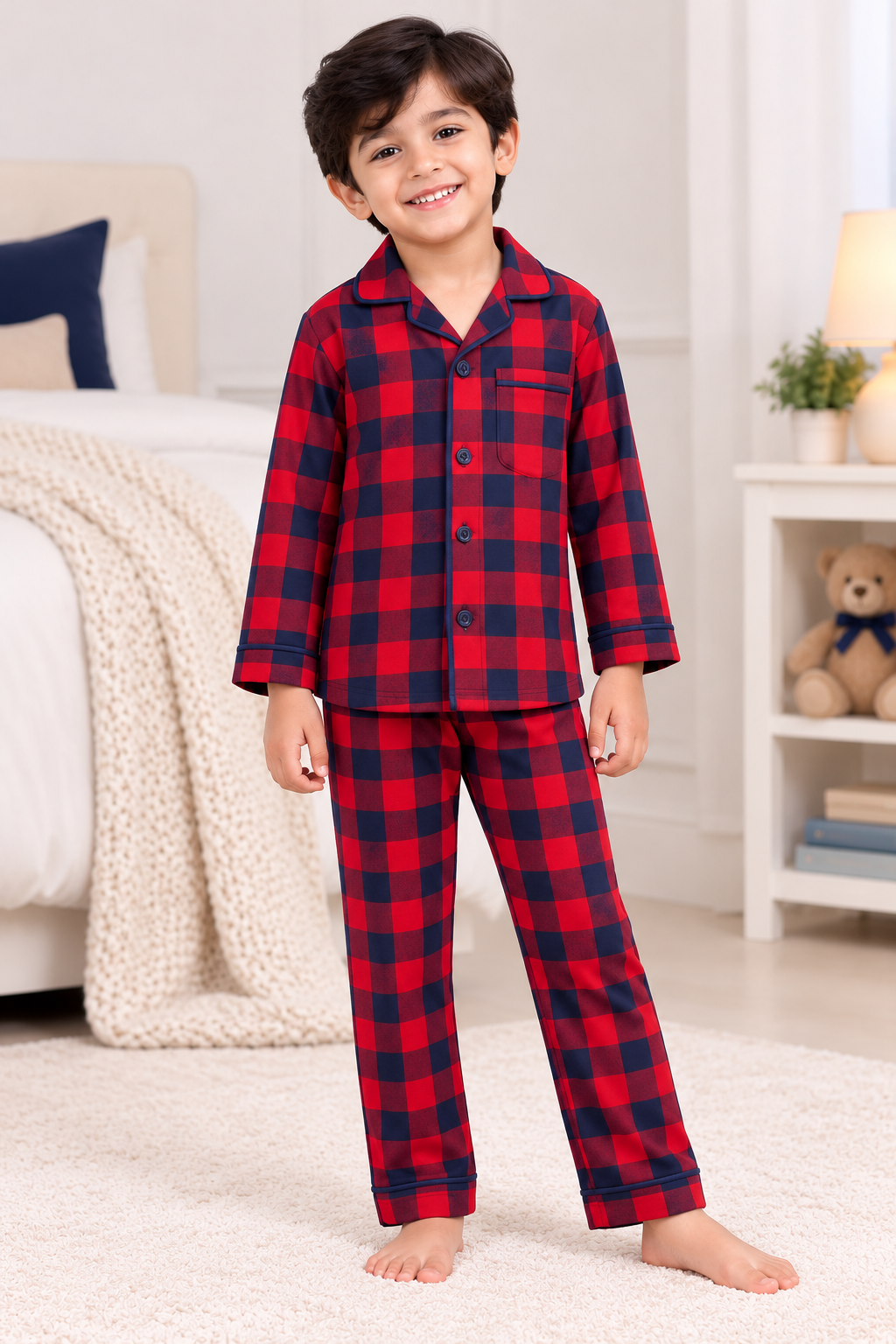 Midnight Navy & Red Checks Cotton Flannel Long Sleeve Kids Night Suit