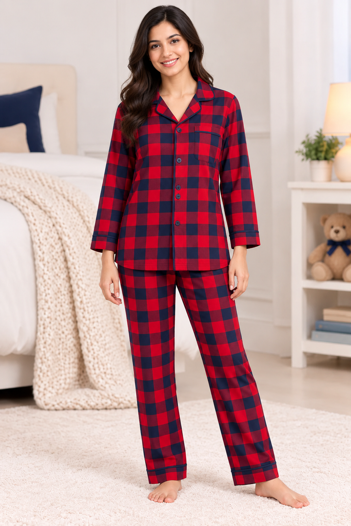 Midnight Navy & Red Checks Cotton Flannel Long Sleeve Women's Night Suit