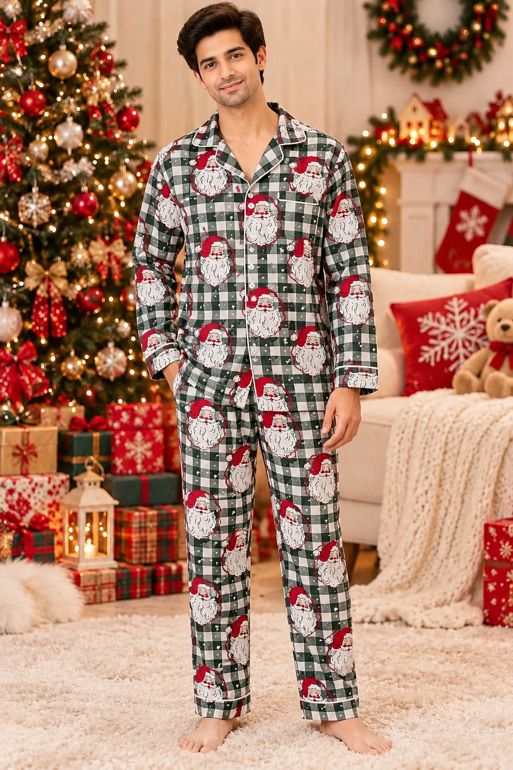 Christmas Santa Checks Cotton Flannel Long Sleeve Men's Night Suit