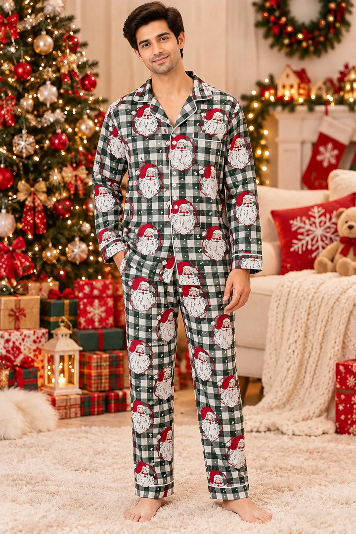 Christmas Santa Checks Cotton Flannel Long Sleeve Men's Night Suit