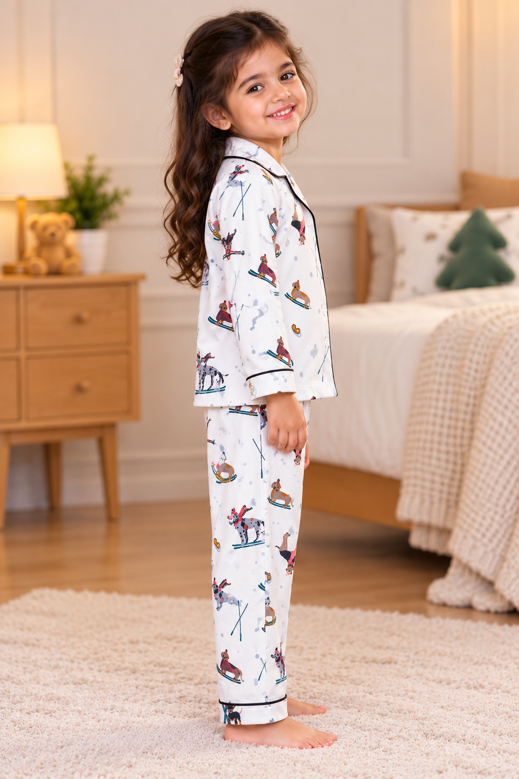 Snowy Paws Printed Cotton Flannel Long Sleeve Kids Night Suit