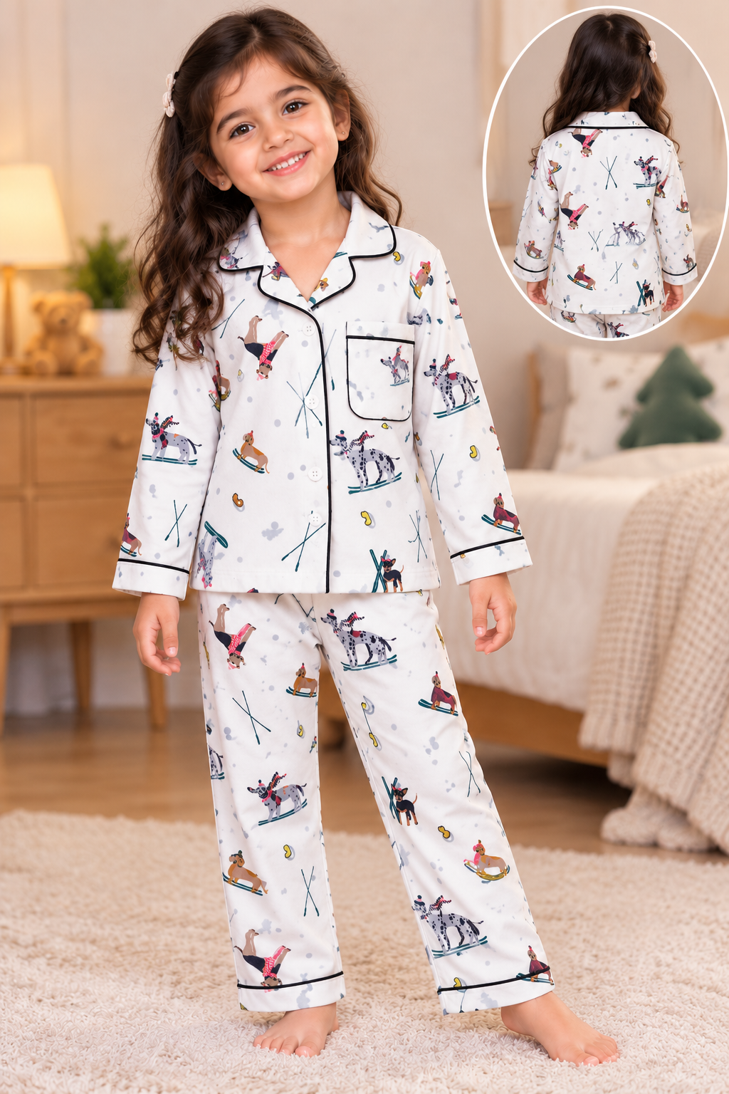 Snowy Paws Printed Cotton Flannel Long Sleeve Kids Night Suit