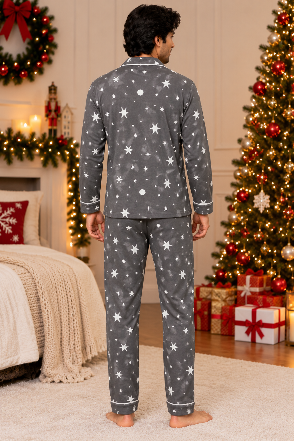 grey star-print Cotton Flannel Long Sleeve Men's Night Suit
