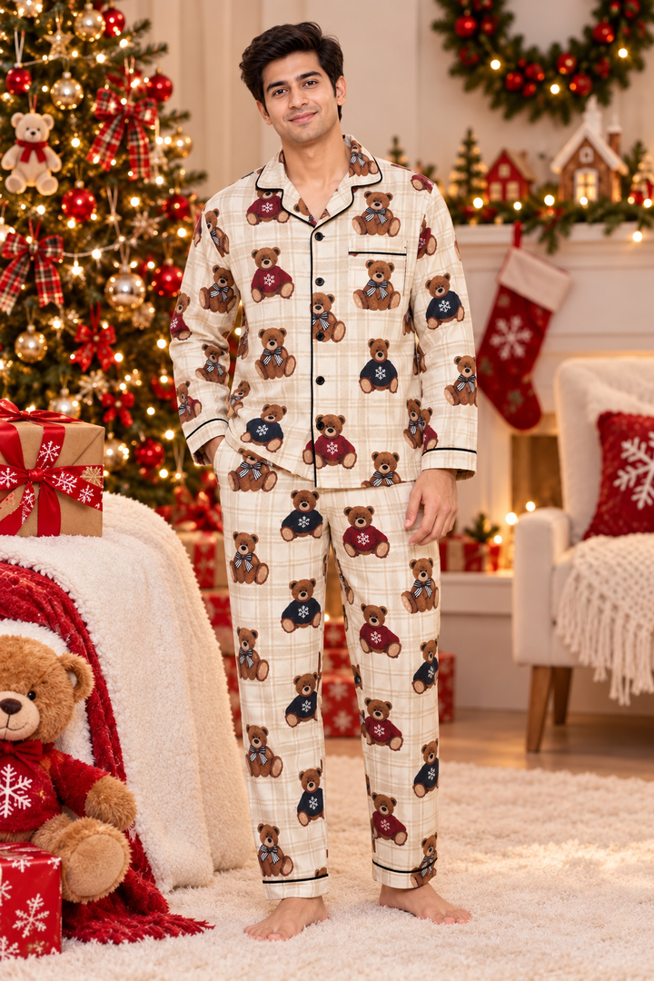 Christmas Teddy Bear  Cotton Flannel Long Sleeve Men's Night Suit