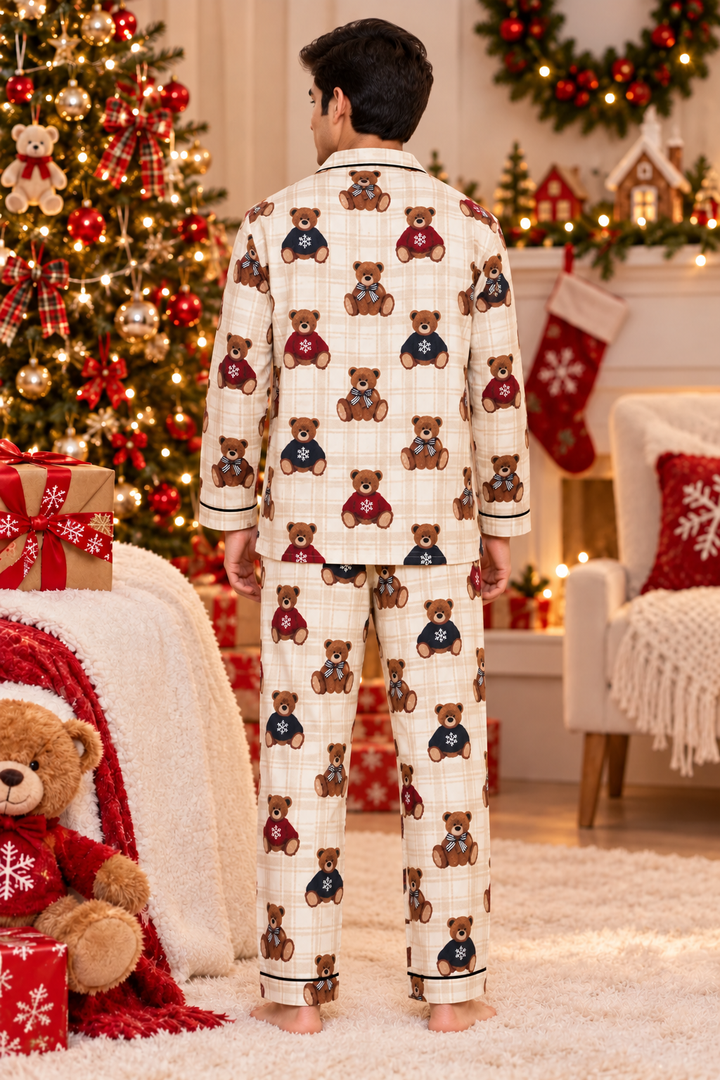 Christmas Teddy Bear  Cotton Flannel Long Sleeve Men's Night Suit