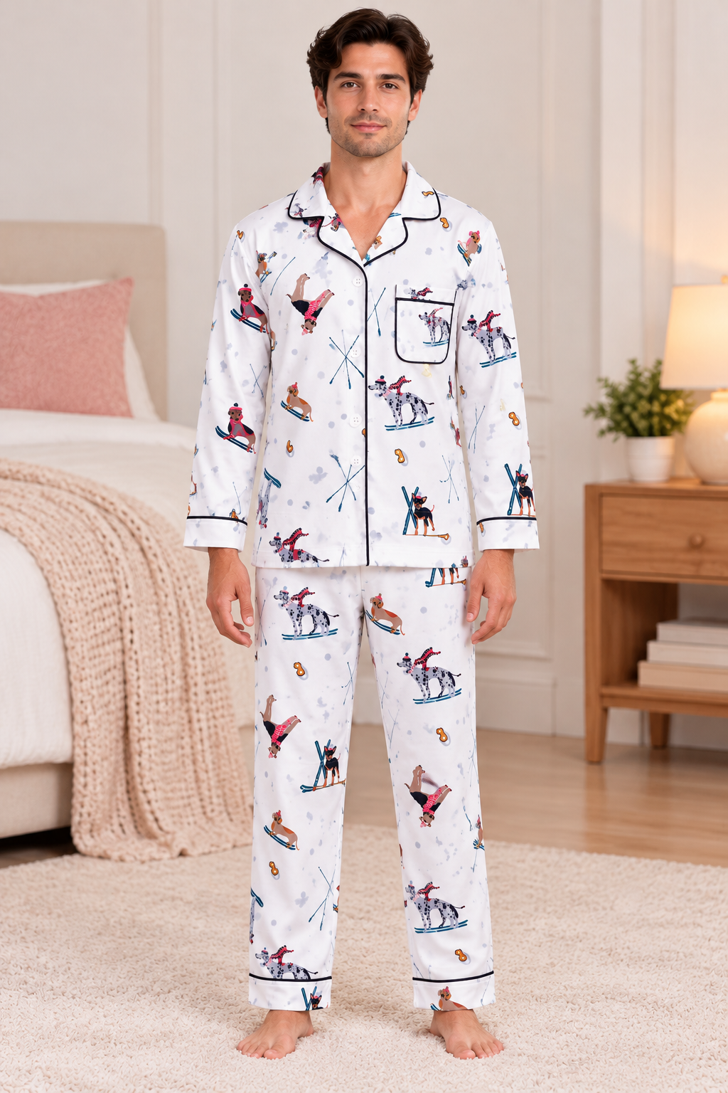 Snowy Paws Printed Cotton Flannel Long Sleeve Men's Night Suit