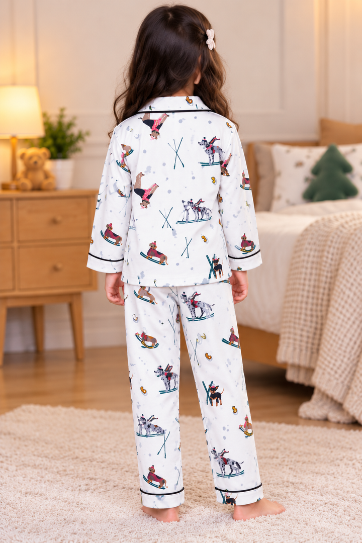 Snowy Paws Printed Cotton Flannel Long Sleeve Kids Night Suit