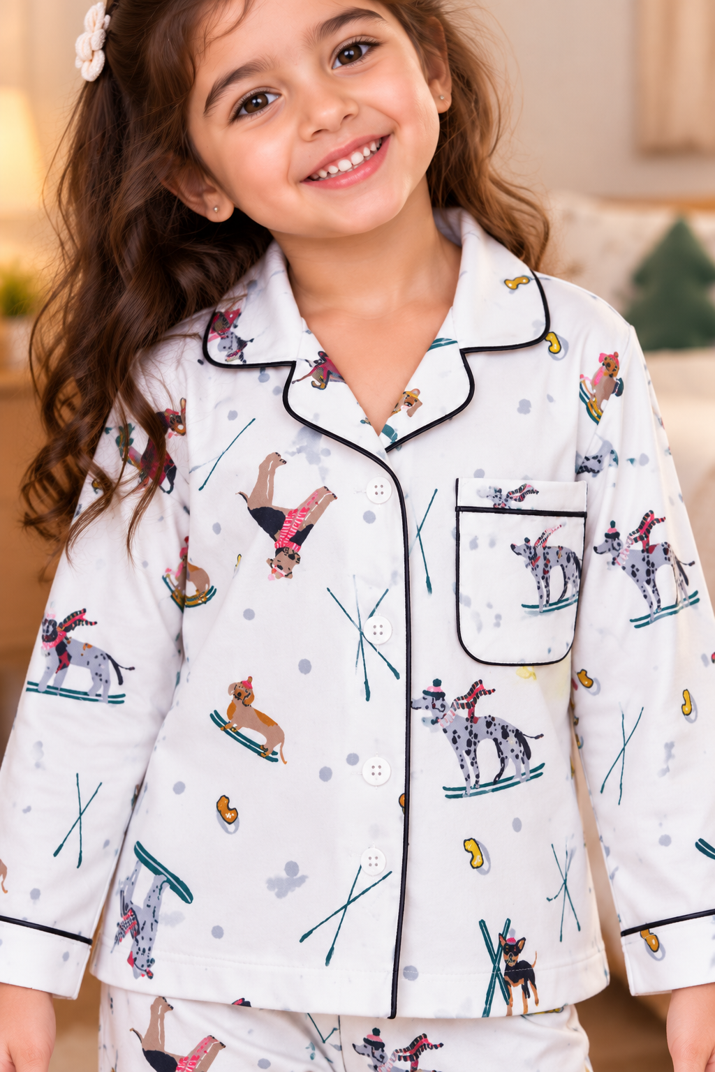Snowy Paws Printed Cotton Flannel Long Sleeve Kids Night Suit