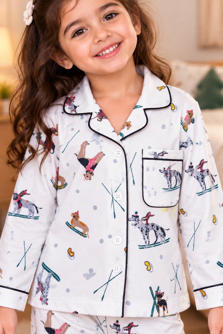 Snowy Paws Printed Cotton Flannel Long Sleeve Kids Night Suit