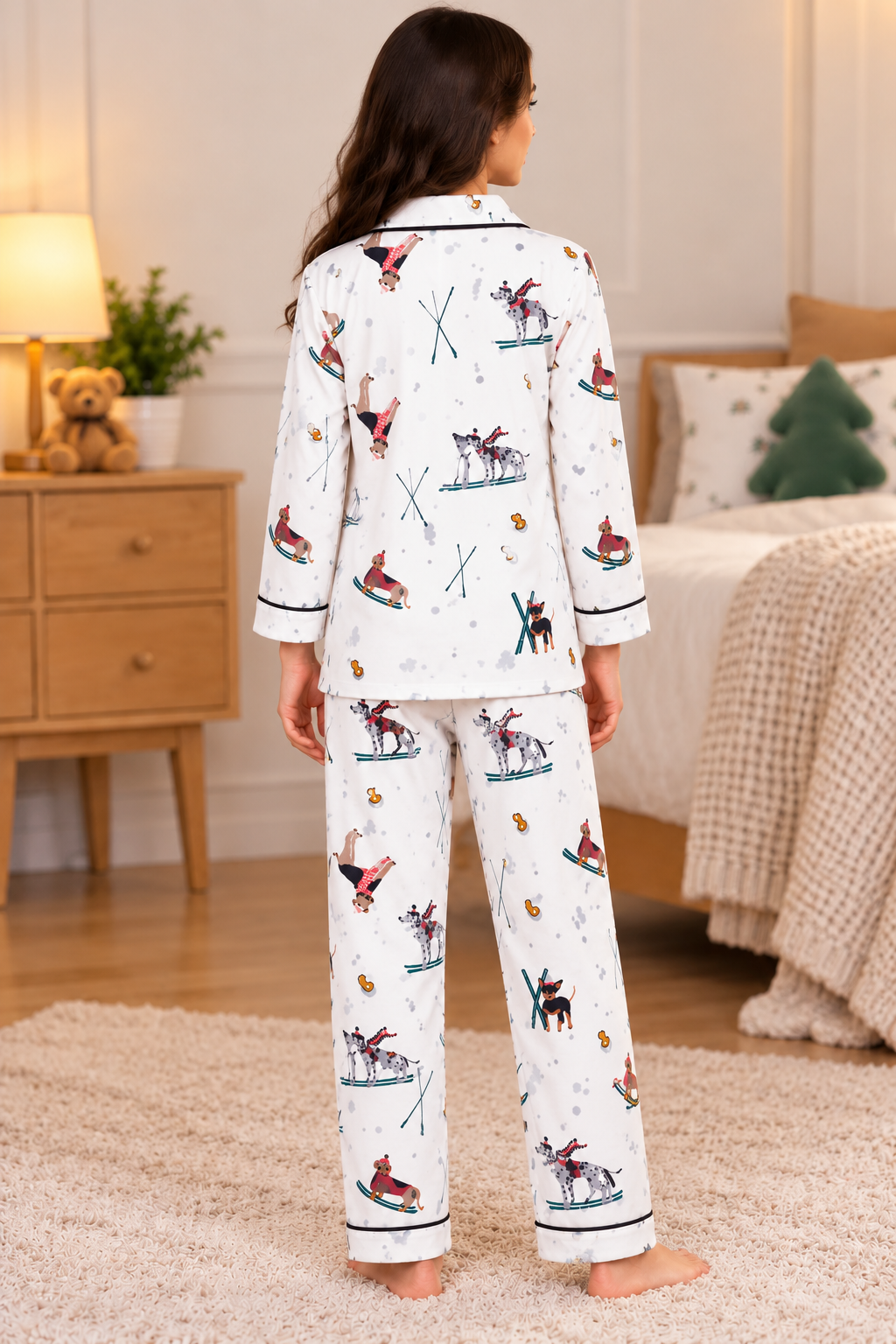 Snowy Paws Printed Cotton Flannel Long Sleeve Women's Night Suit