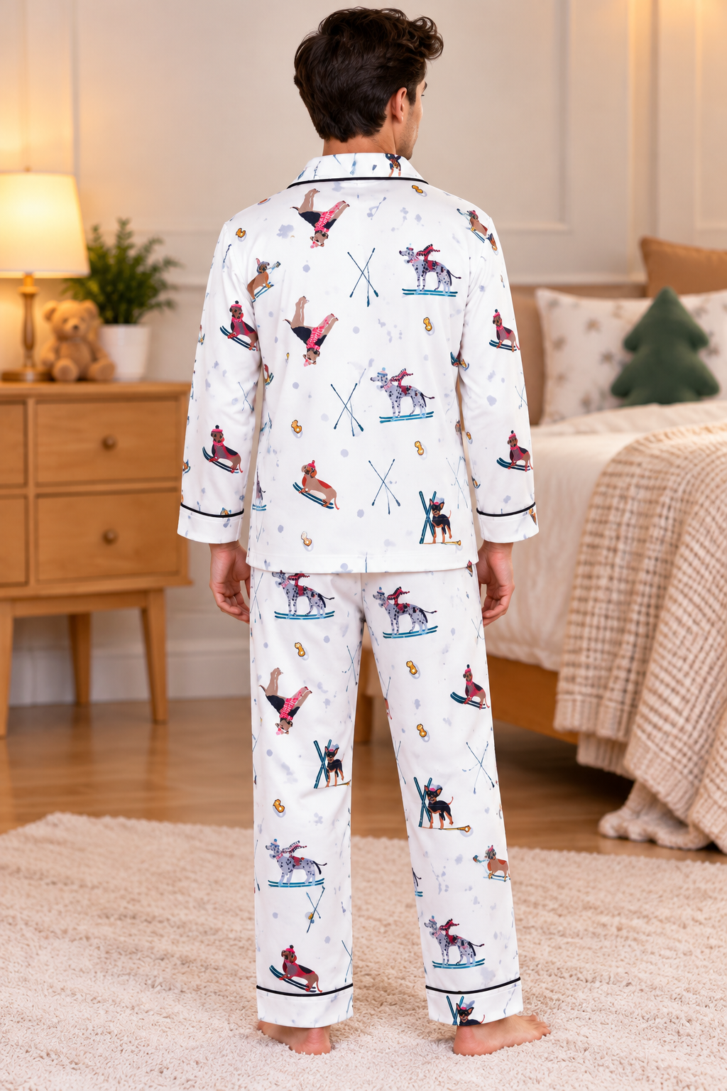 Snowy Paws Printed Cotton Flannel Long Sleeve Men's Night Suit