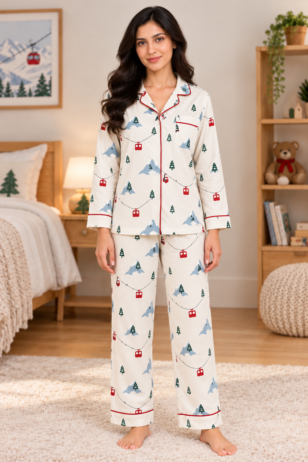 Mountain & Pine Tree  Cotton Flannel Long Sleeve Women's Night Suit