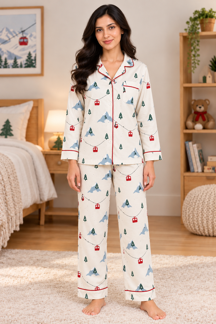 Mountain & Pine Tree  Cotton Flannel Long Sleeve Women's Night Suit