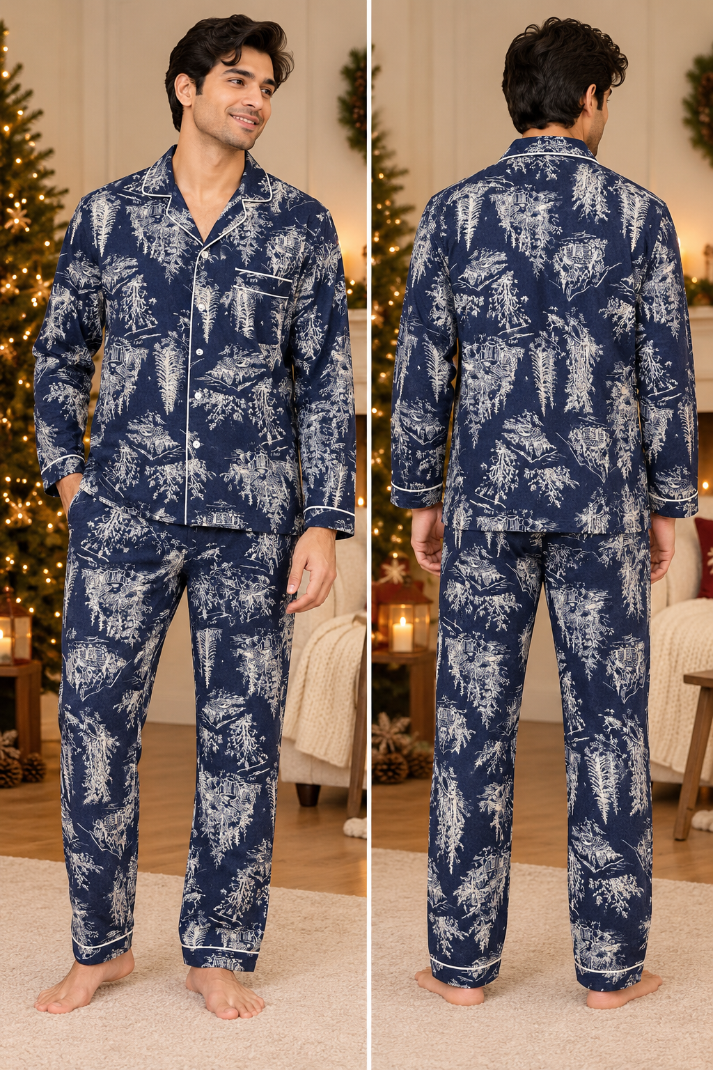 Midnight Snowfall Print  Cotton Flannel Long Sleeve Men's Night Suit