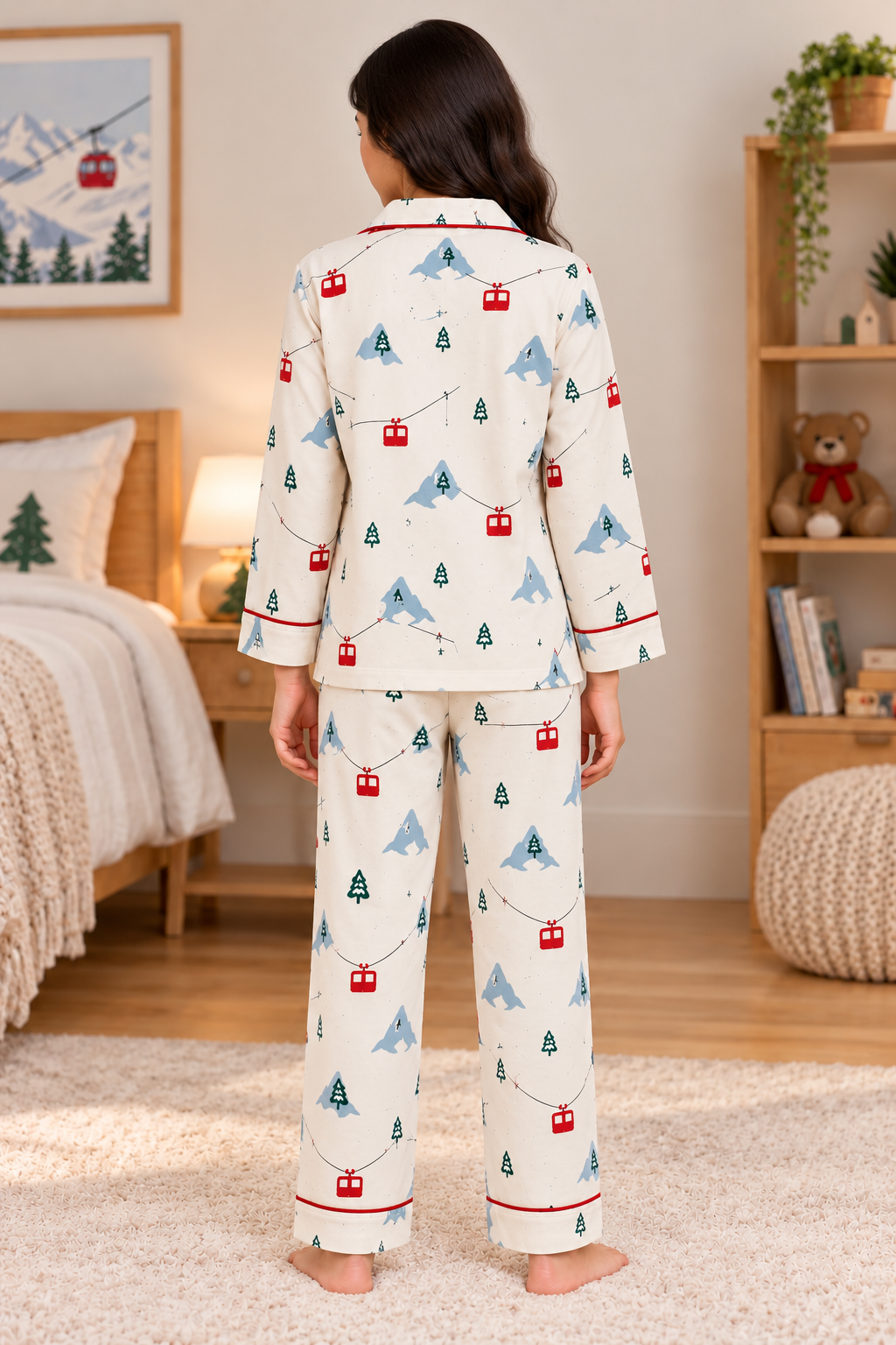 Mountain & Pine Tree  Cotton Flannel Long Sleeve Women's Night Suit