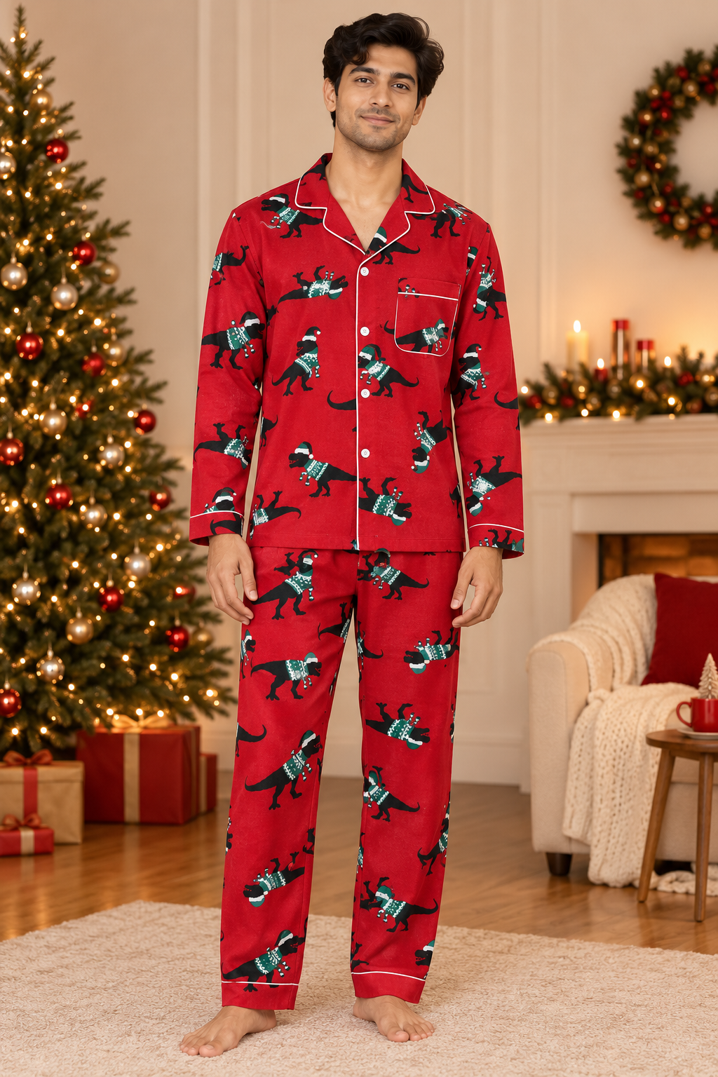 Red Dino Print  Cotton Flannel Long Sleeve Men's Night Suit