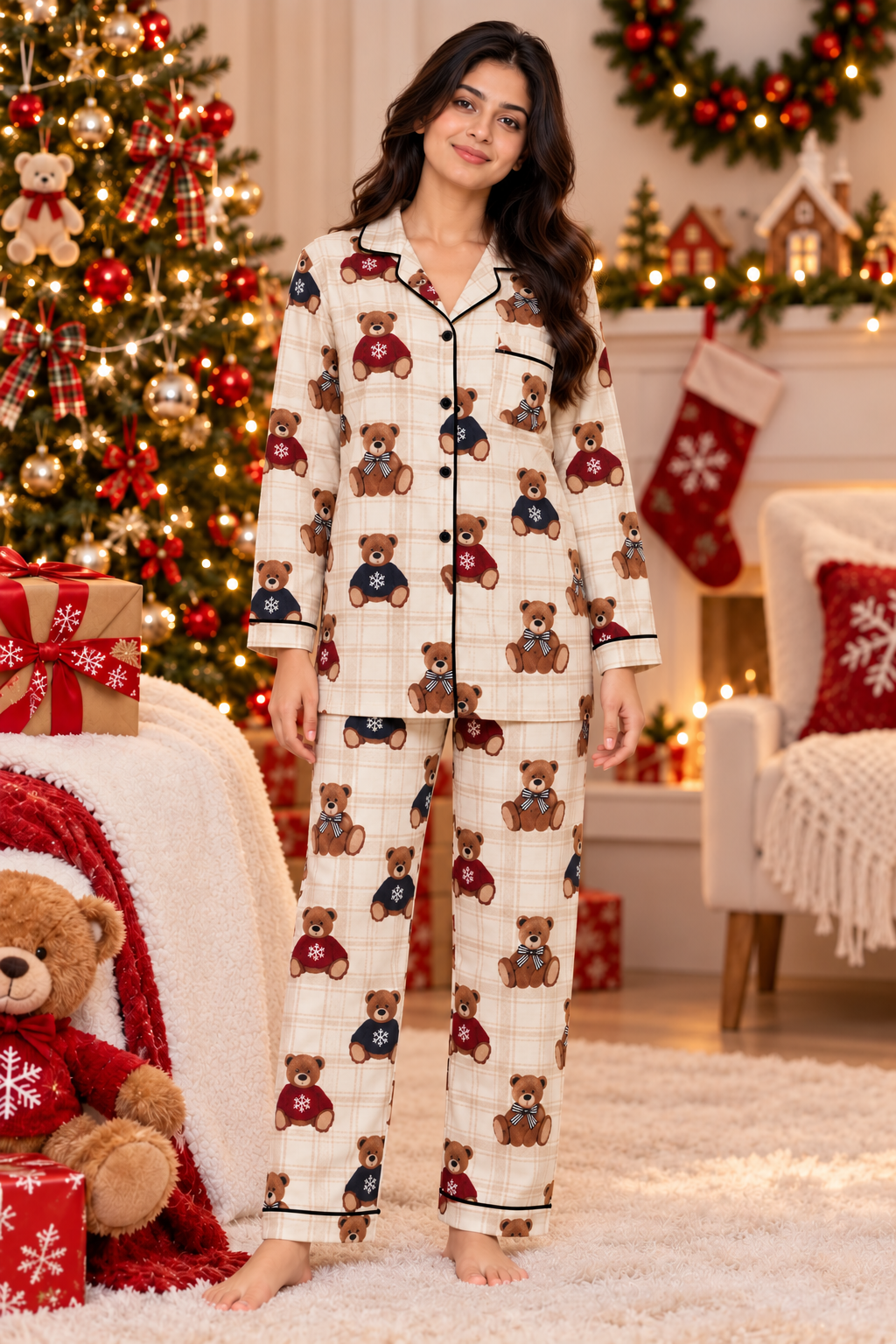 Christmas Teddy Bear  Cotton Flannel Long Sleeve Women's Night Suit