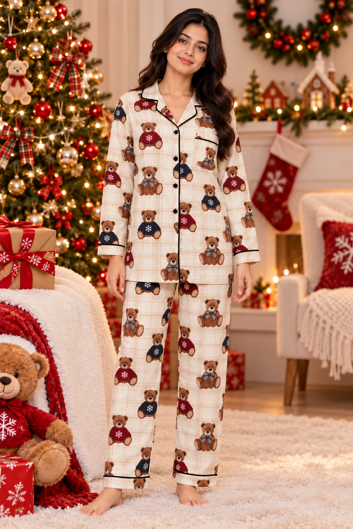 Christmas Teddy Bear  Cotton Flannel Long Sleeve Women's Night Suit