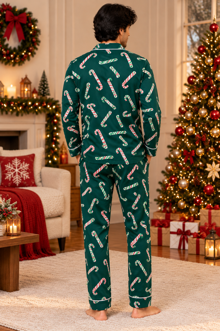 Evergreen Festive Print  Cotton Flannel Long Sleeve Men's Night Suit