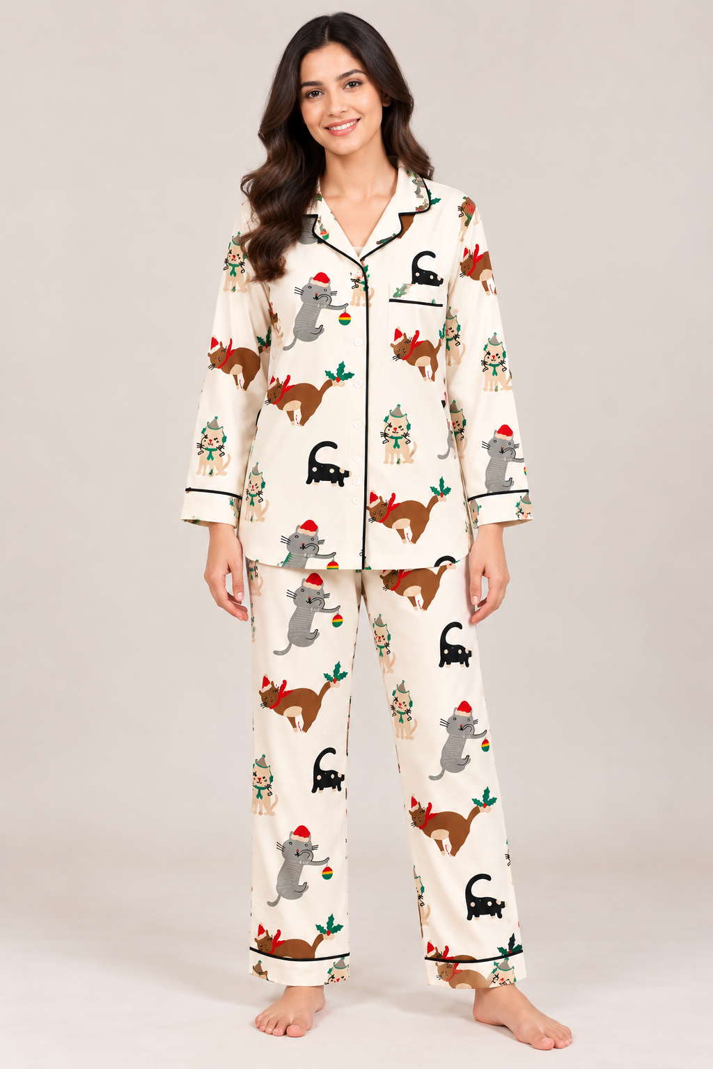 Meowy Christmas Cotton Flannel Long Sleeve Women's Night Suit