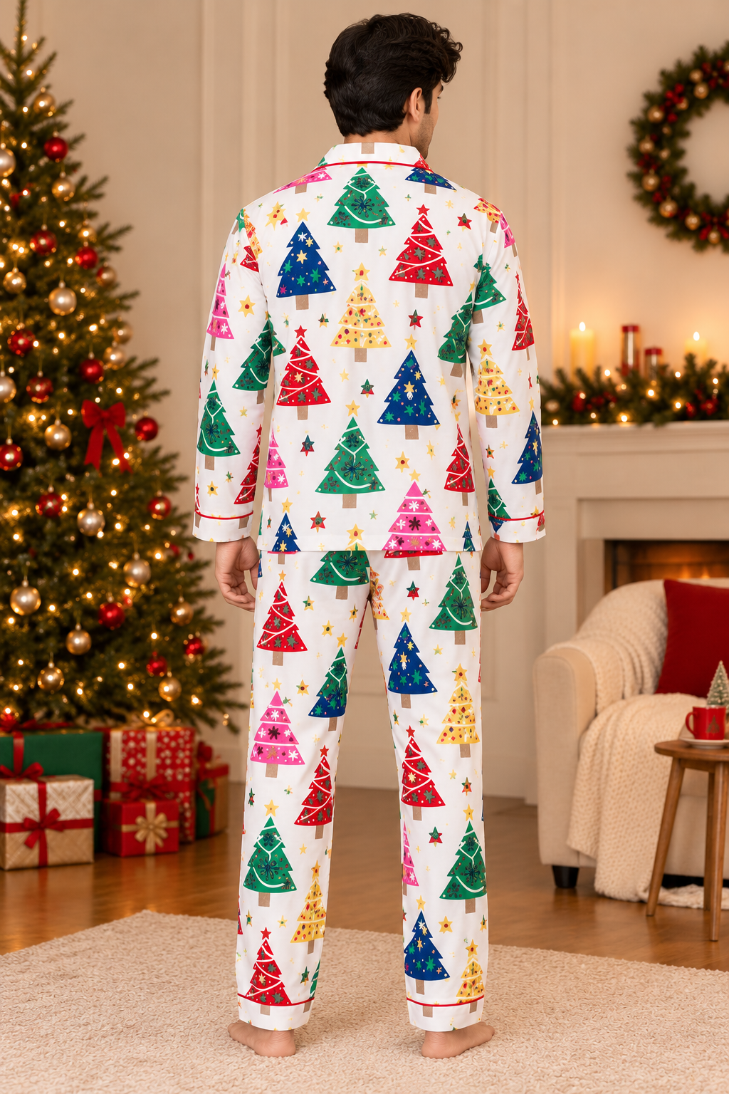 Twinkling Trees Print  Cotton Flannel Long Sleeve Men's Night Suit