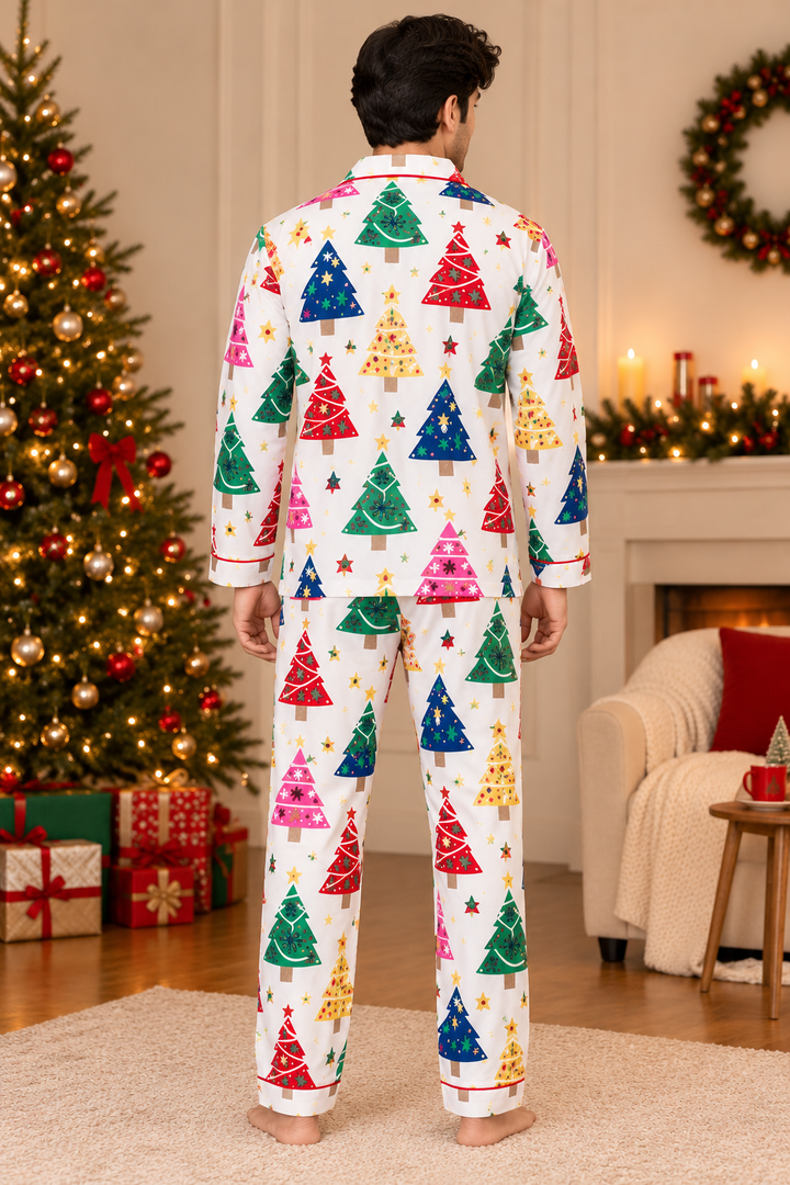 Twinkling Trees Print  Cotton Flannel Long Sleeve Men's Night Suit